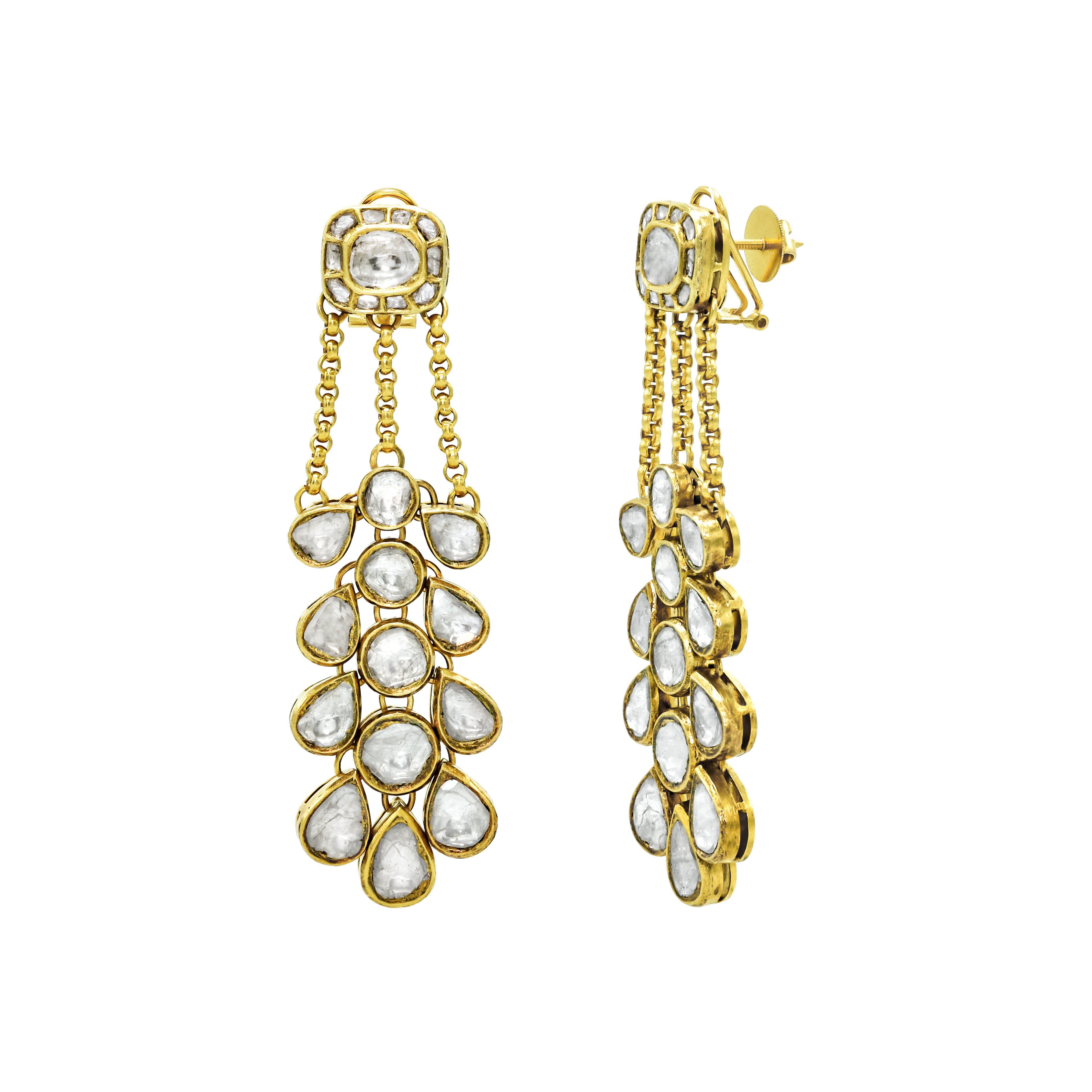 Cascading Polki Earrings with Teardrop Rows and Chain Links